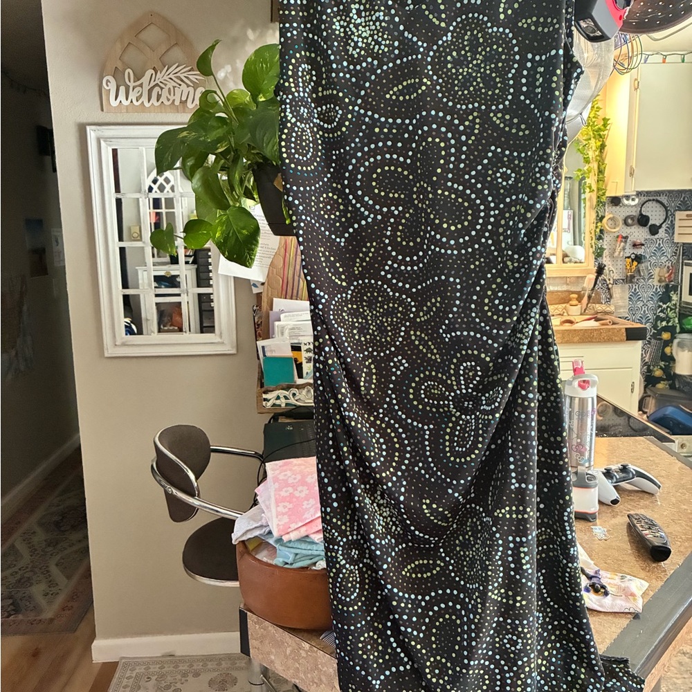 connected apparel Black Dress with Blue, Lime and White Dot Pattern